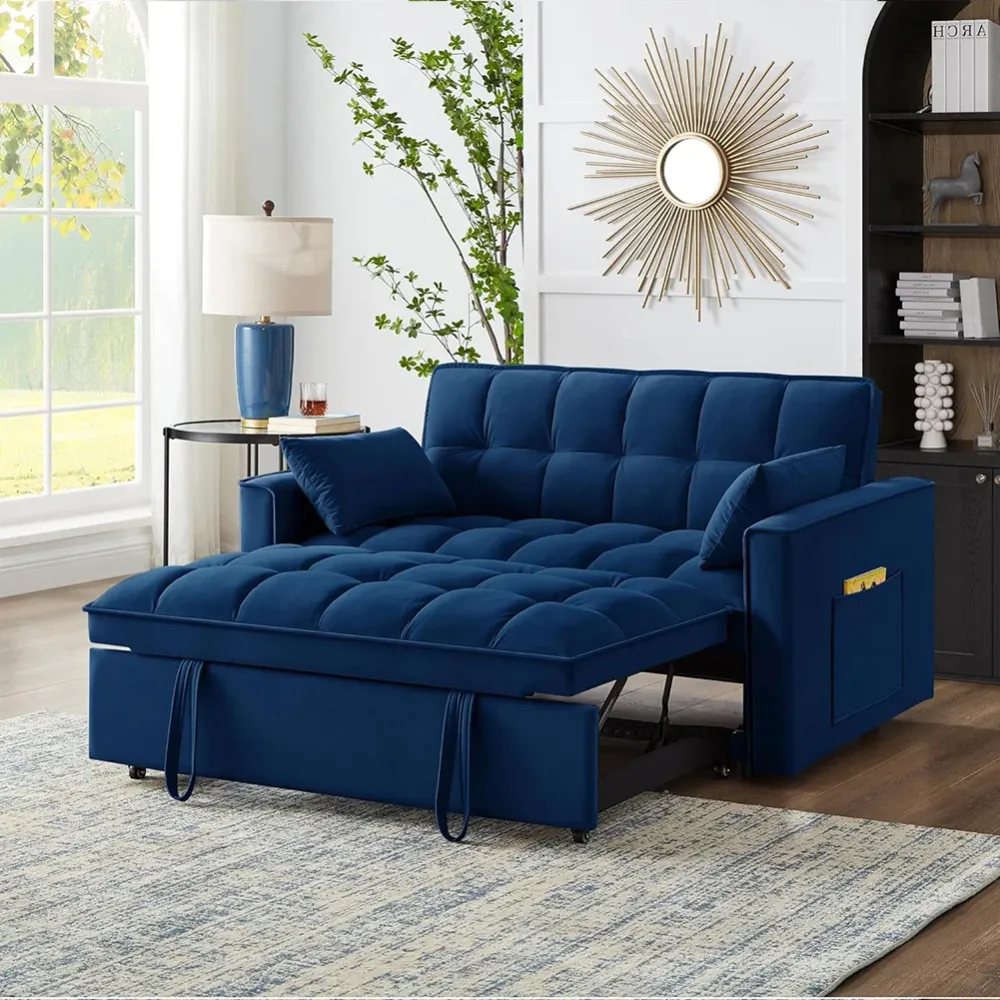 Divano Letto Apribile Reclinabile 3 Posizioni con Rivestimento Velluto Blu