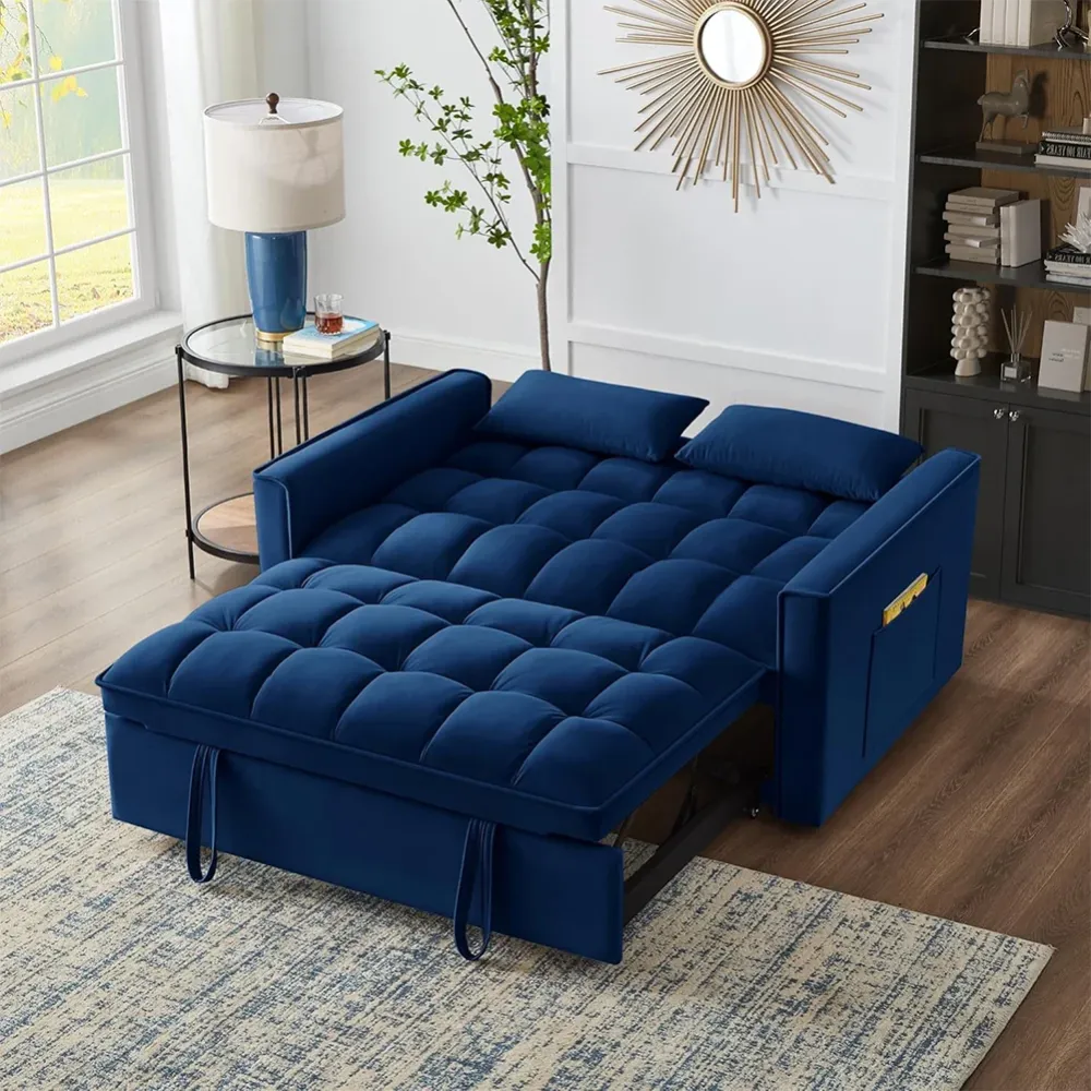 Divano Letto Apribile Reclinabile 3 Posizioni con Rivestimento Velluto Blu