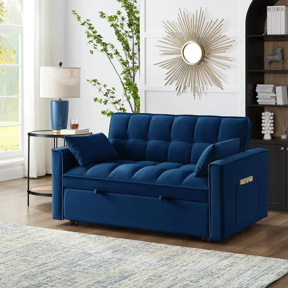 Divano Letto Apribile Reclinabile 3 Posizioni con Rivestimento Velluto Blu