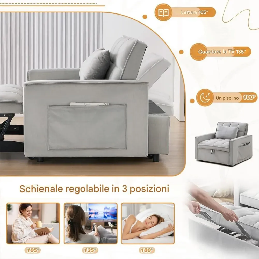 Divano Letto Apribile Reclinabile 3 Posizioni con Rivestimento Velluto Grigio