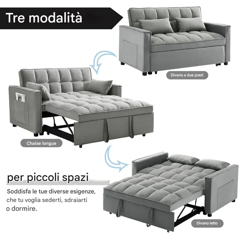 Divano Letto Apribile Reclinabile 3 Posizioni con Rivestimento Velluto Grigio