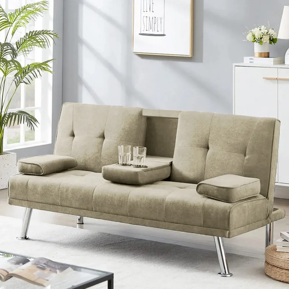 Divano Letto Beige Click Clack Tessuto 3 Posti con Portabicchieri da Soggiorno
