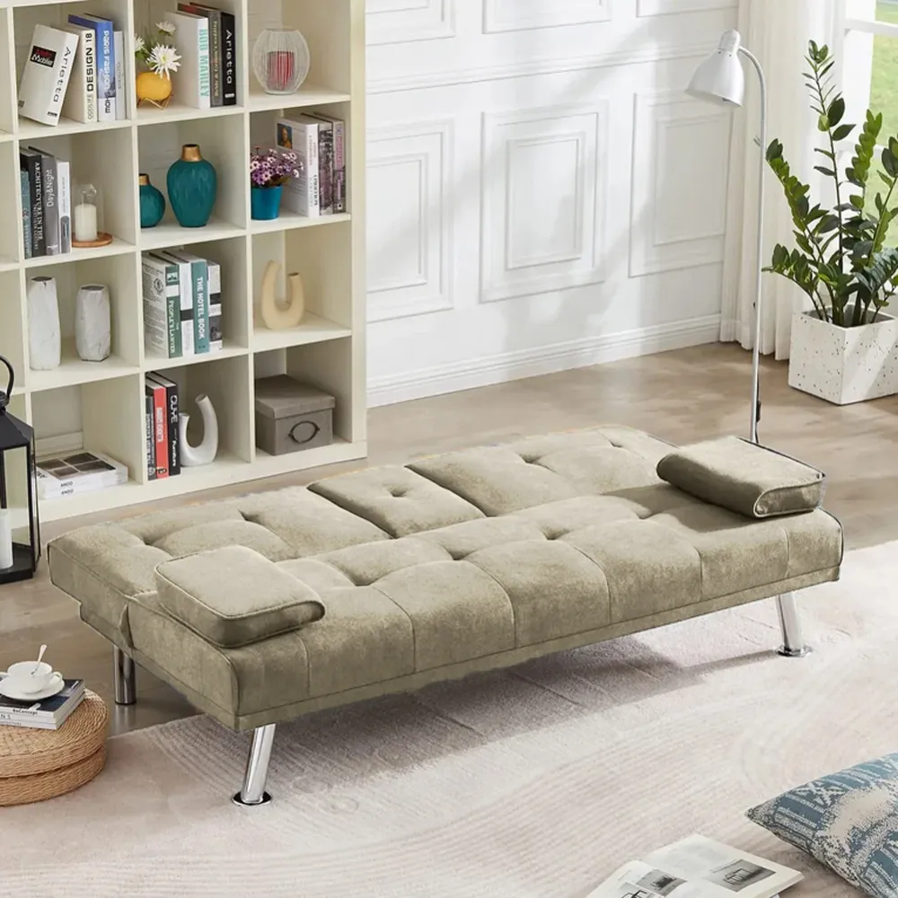 Divano Letto Beige Click Clack Tessuto 3 Posti con Portabicchieri da Soggiorno