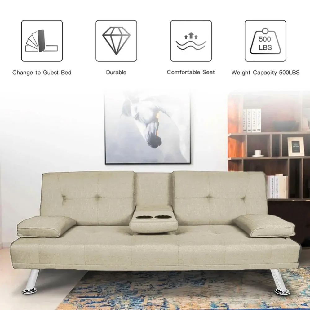 Divano Letto Beige Click Clack Tessuto 3 Posti con Portabicchieri da Soggiorno
