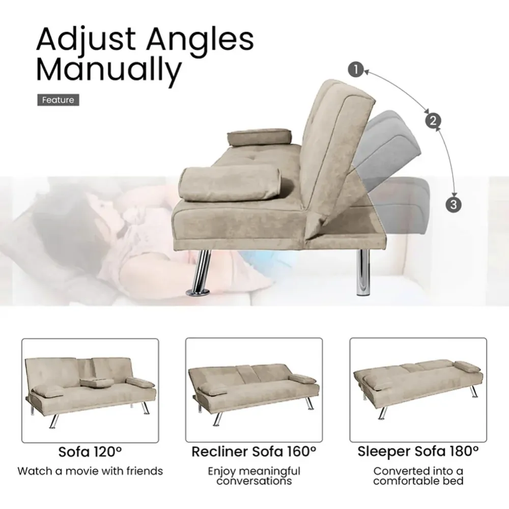 Divano Letto Beige Click Clack Tessuto 3 Posti con Portabicchieri da Soggiorno