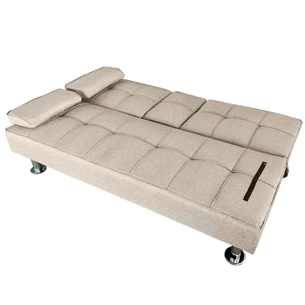 Divano Letto Beige Click Clack Tessuto 3 Posti con Portabicchieri da Soggiorno