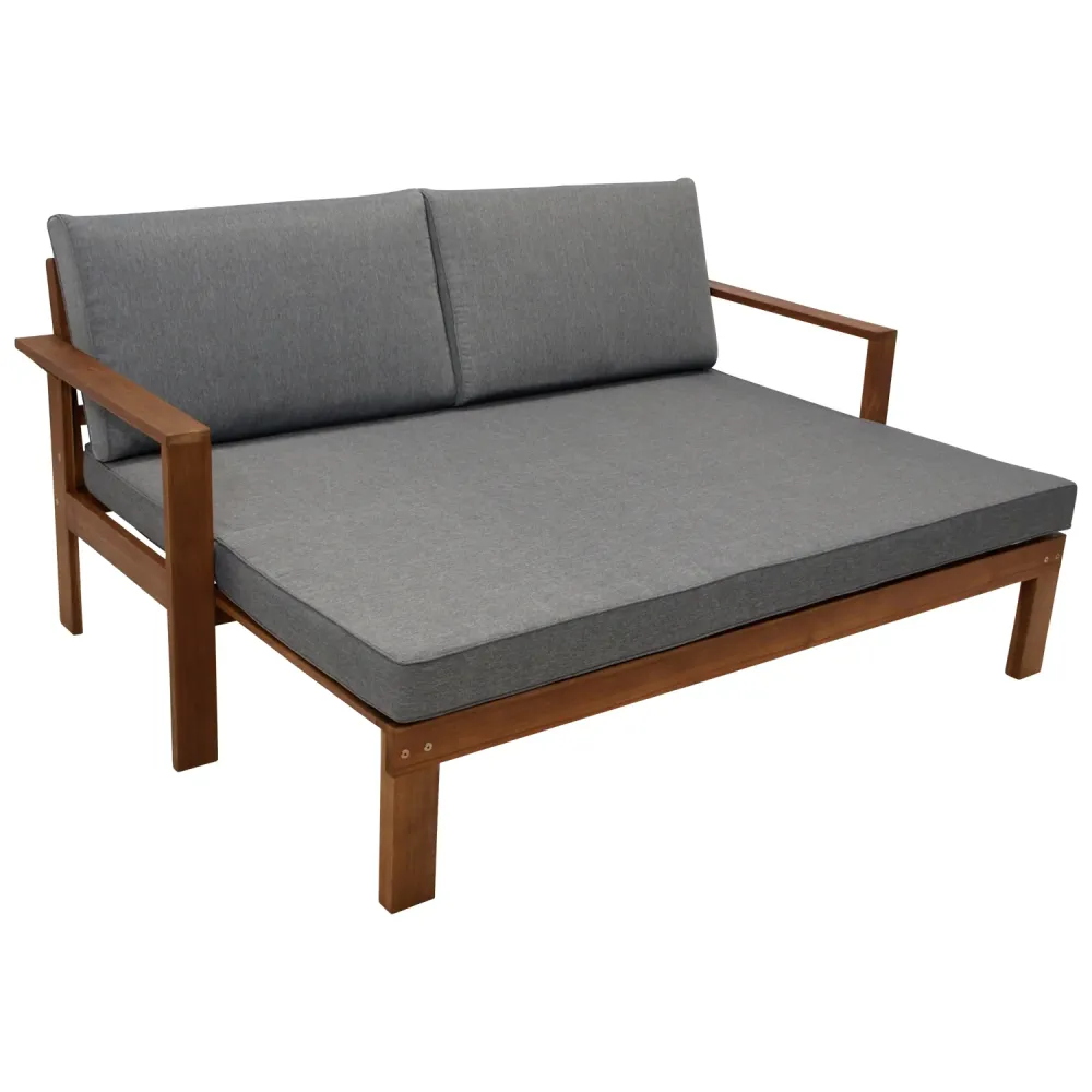 Divano letto BELIZE estensibile 180x135cm, acacia oliata, con cuscini grigi