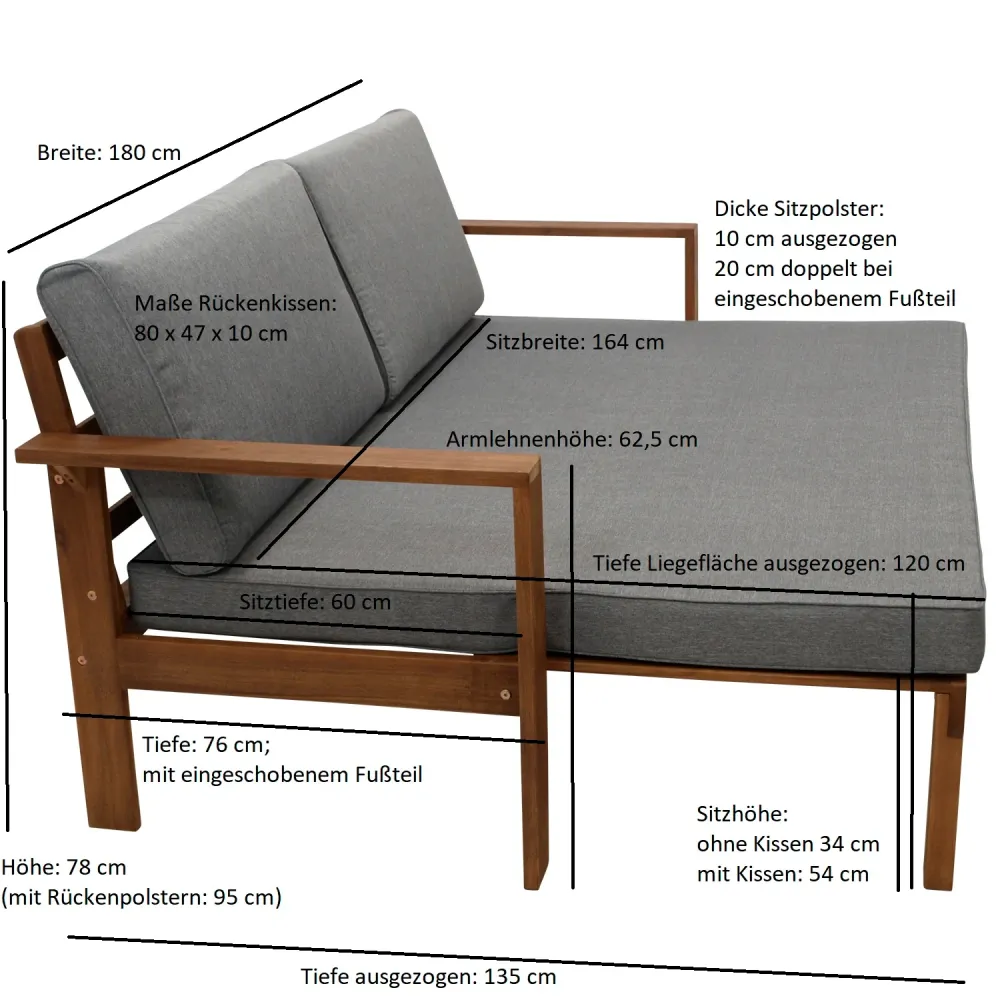 Divano letto BELIZE estensibile 180x135cm, acacia oliata, con cuscini grigi