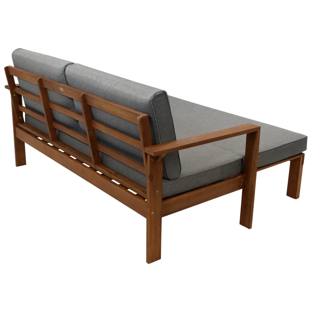 Divano letto BELIZE estensibile 180x135cm, acacia oliata, con cuscini grigi