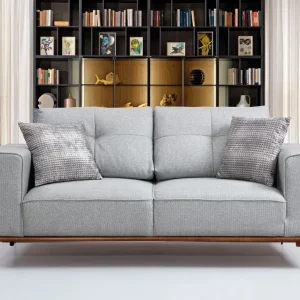 Divano letto biposto tessuto grigio base legno noce cm 184x91x85h