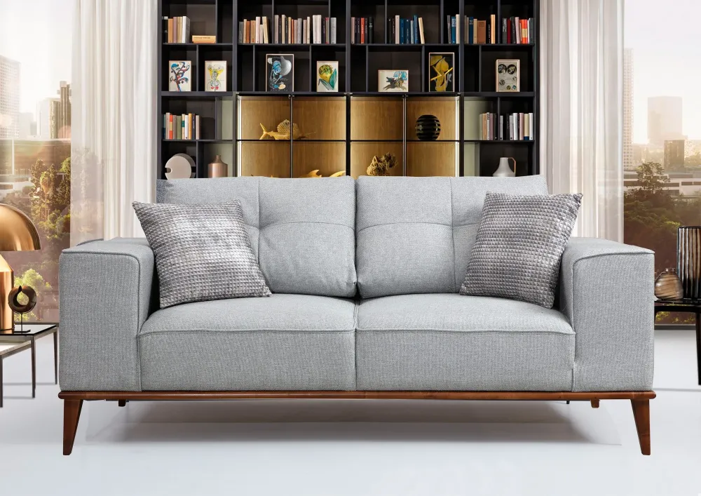 Divano letto biposto tessuto grigio base legno noce cm 184x91x85h