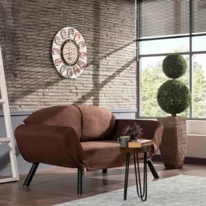 Divano letto design biposto metallo rivestito tessuto marrone cm 177x75x87h