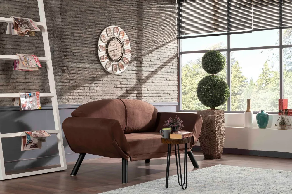 Divano letto design biposto metallo rivestito tessuto marrone cm 177x75x87h