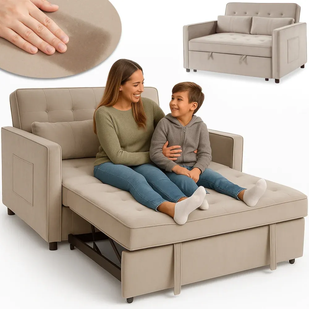 Divano Letto Due Posti Velluto Premium con Imbottitura Alta Densità Beige