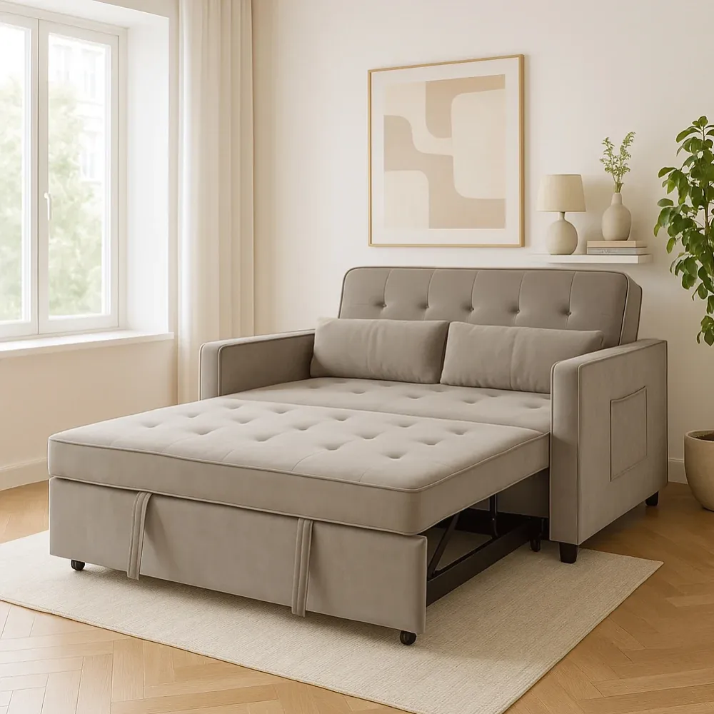Divano Letto Due Posti Velluto Premium con Imbottitura Alta Densità Beige