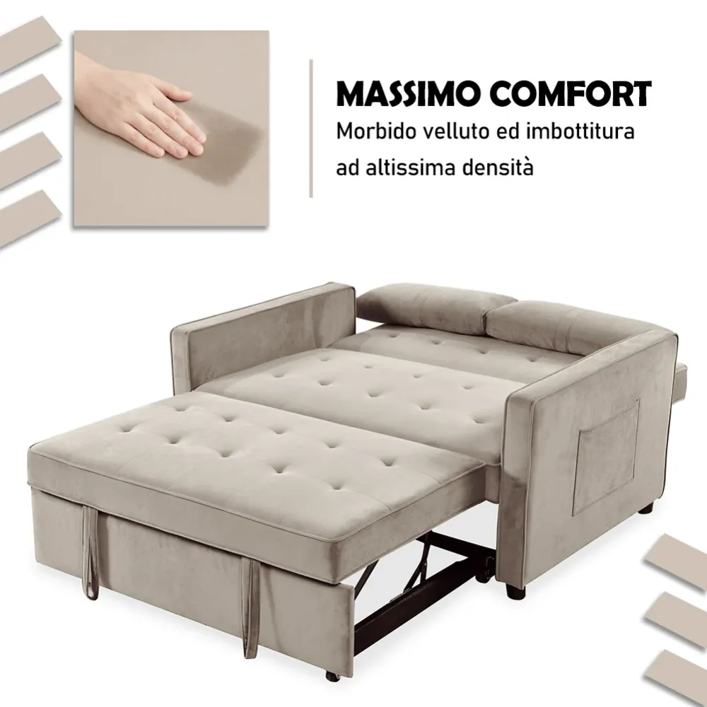Divano Letto Due Posti Velluto Premium con Imbottitura Alta Densità Beige