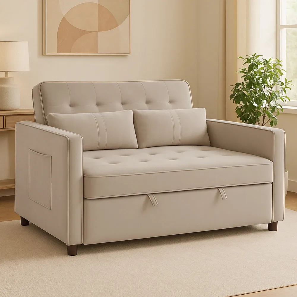 Divano Letto Due Posti Velluto Premium con Imbottitura Alta Densità Beige