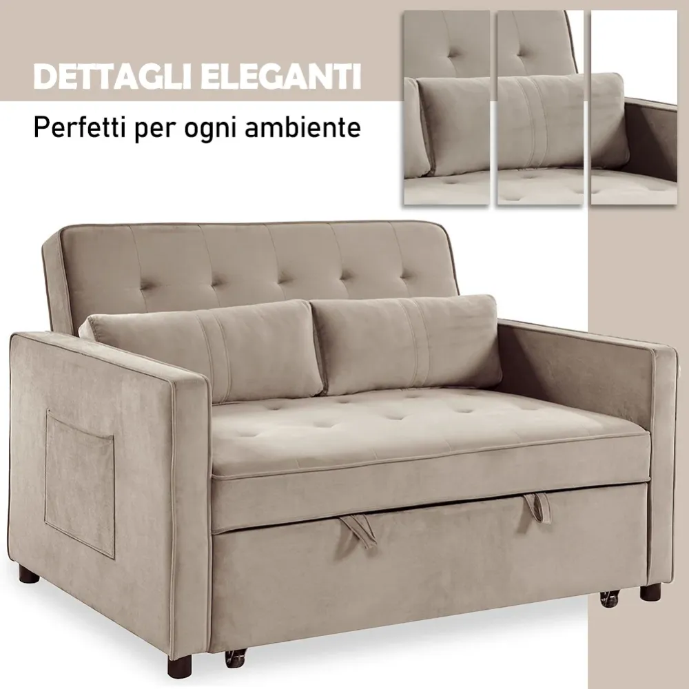 Divano Letto Due Posti Velluto Premium con Imbottitura Alta Densità Beige
