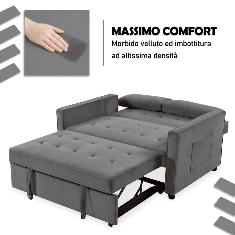 Divano Letto Due Posti Velluto Premium con Imbottitura Alta Densità Grigio