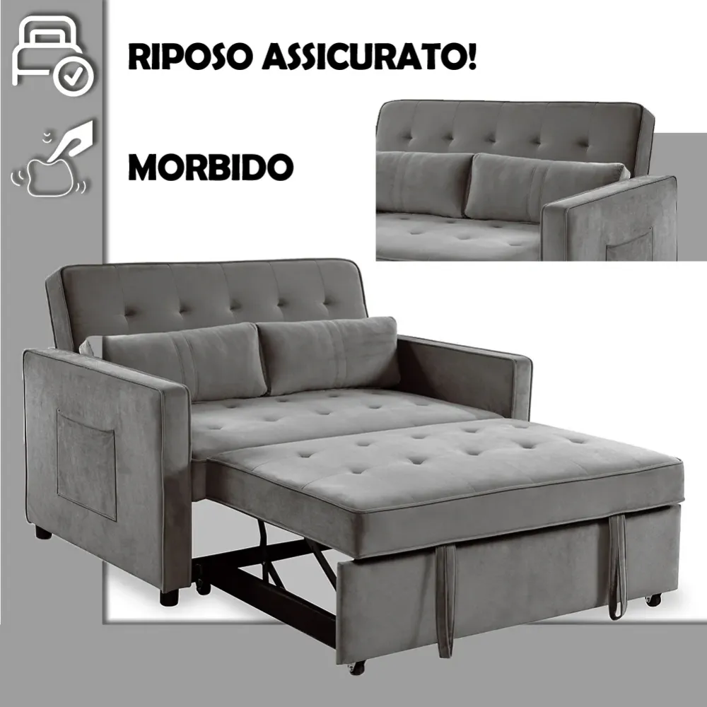 Divano Letto Due Posti Velluto Premium con Imbottitura Alta Densità Grigio
