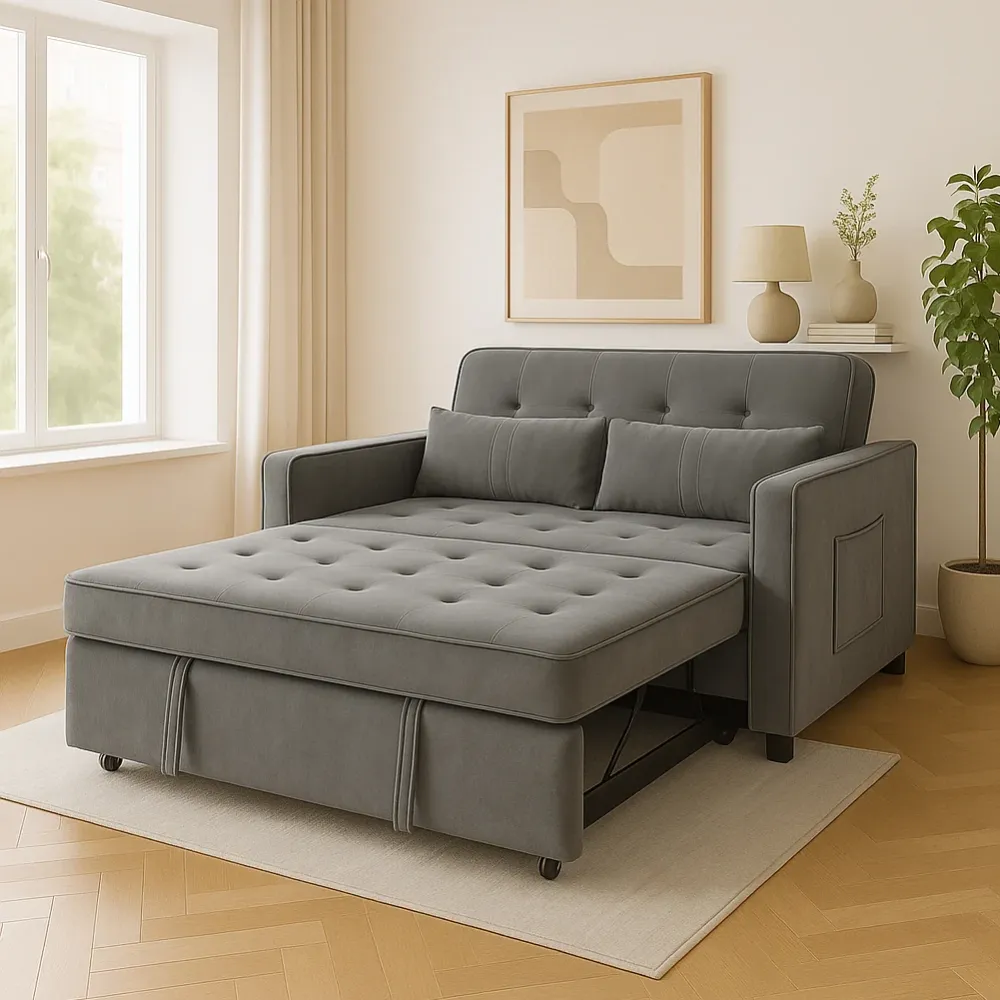 Divano Letto Due Posti Velluto Premium con Imbottitura Alta Densità Grigio