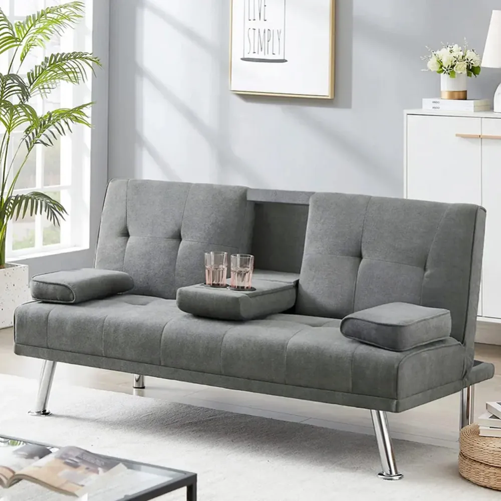 Divano Letto Grigio Chiaro Click Clack Tessuto 3 Posti con Portabicchieri