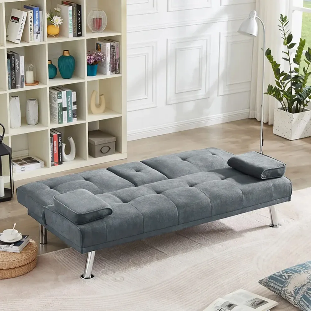 Divano Letto Grigio Chiaro Click Clack Tessuto 3 Posti con Portabicchieri