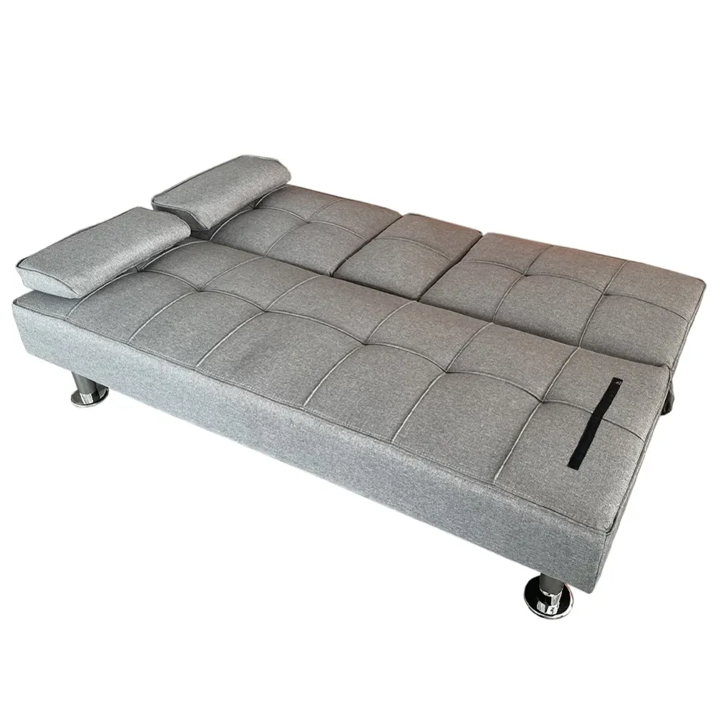 Divano Letto Grigio Chiaro Click Clack Tessuto 3 Posti con Portabicchieri