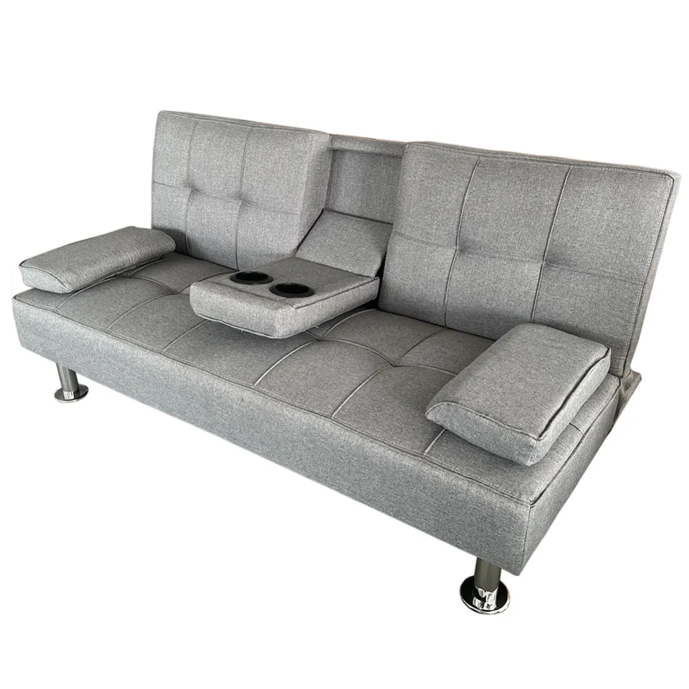 Divano Letto Grigio Chiaro Click Clack Tessuto 3 Posti con Portabicchieri