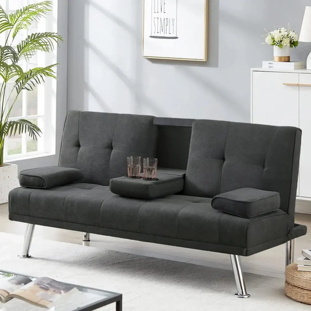 Divano Letto Grigio Scuro Click Clack Tessuto 3 Posti con Portabicchieri