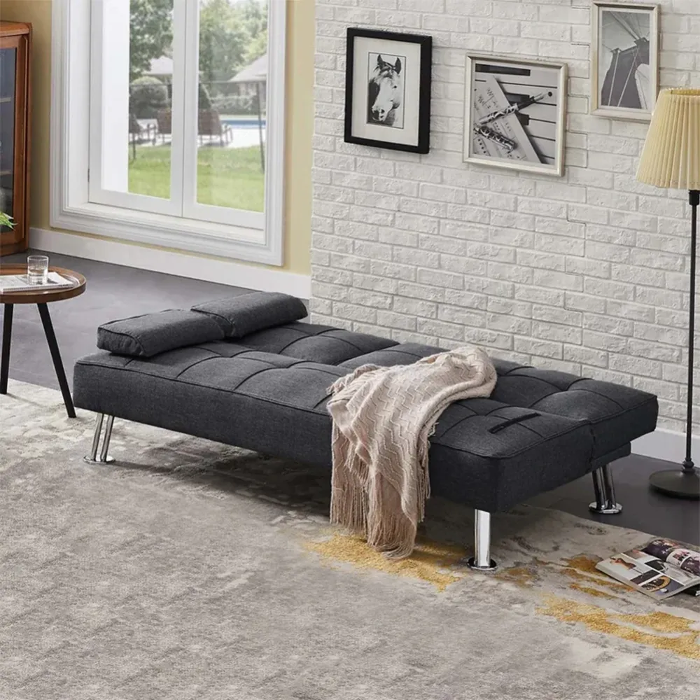 Divano Letto Grigio Scuro Click Clack Tessuto 3 Posti con Portabicchieri