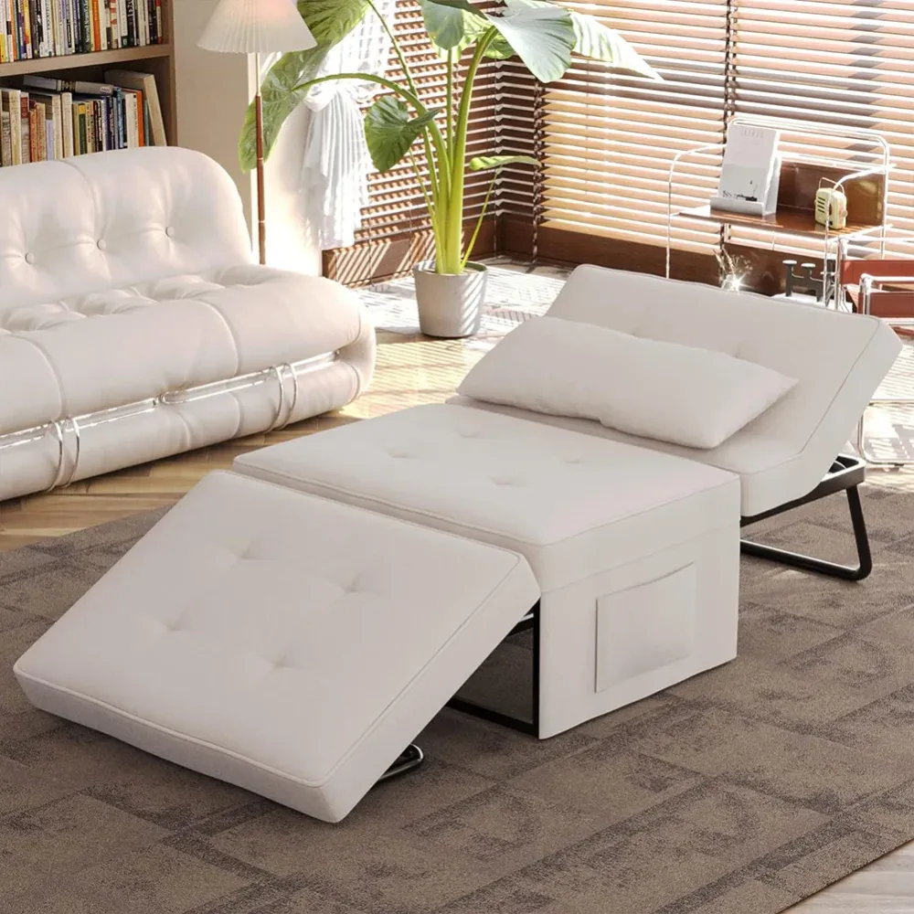 Divano Letto 4 1 Poltrona Chaise Longue Ottomana Beige con Tasca Laterale