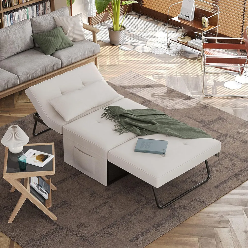 Divano Letto 4 1 Poltrona Chaise Longue Ottomana Beige con Tasca Laterale