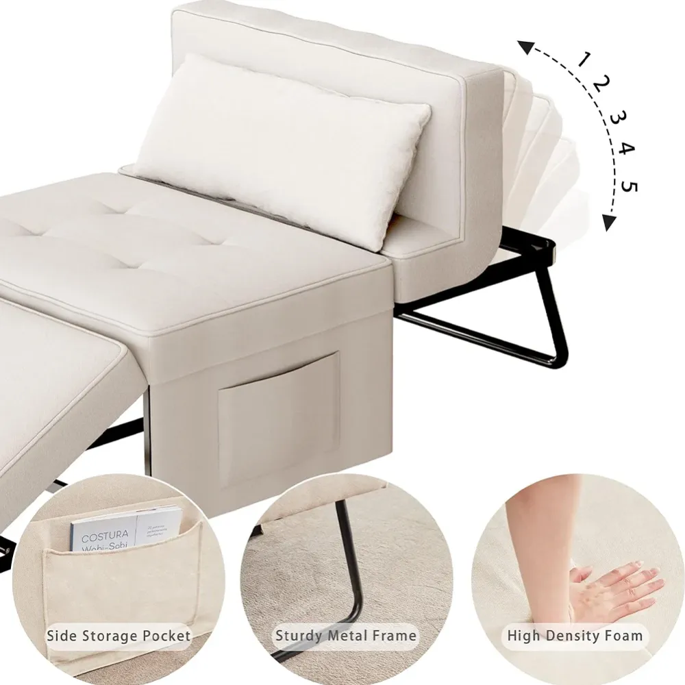 Divano Letto 4 1 Poltrona Chaise Longue Ottomana Beige con Tasca Laterale