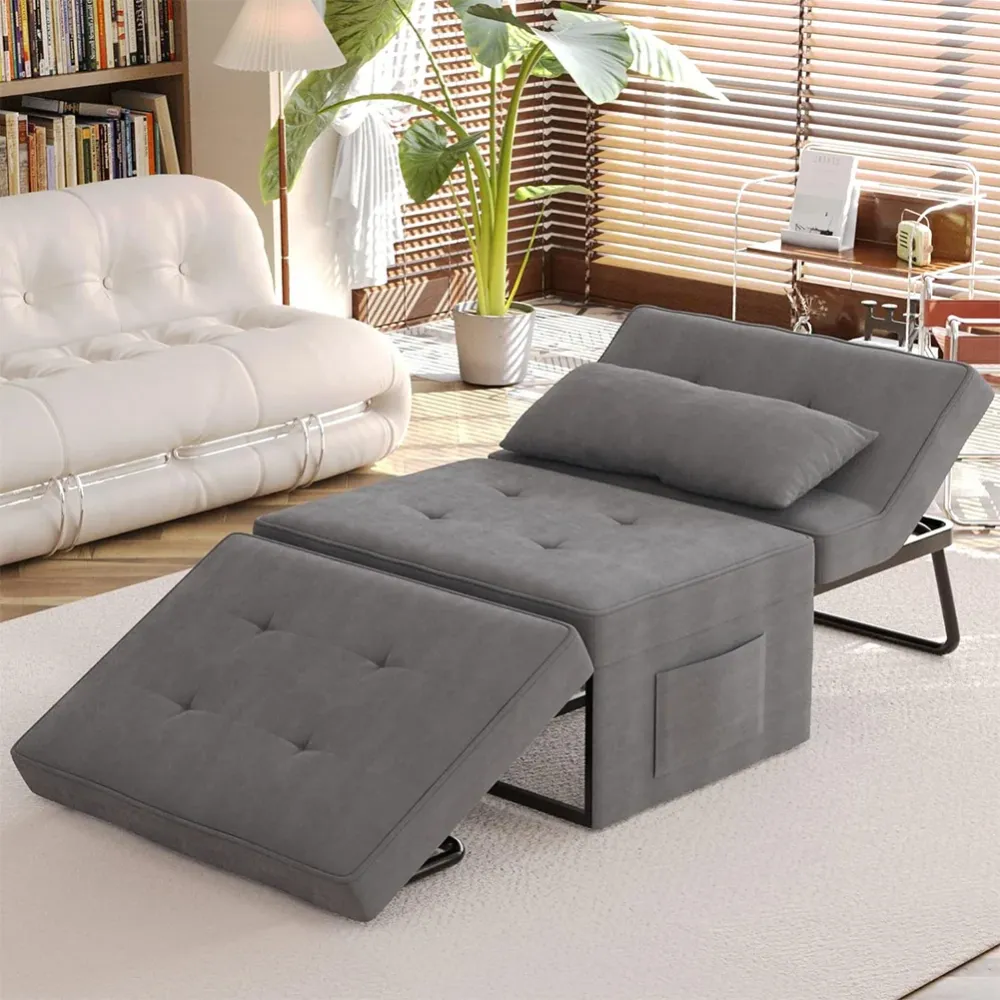 Divano Letto 4 1 Poltrona Chaise Longue Ottomana Grigio Scuro Tasca Laterale