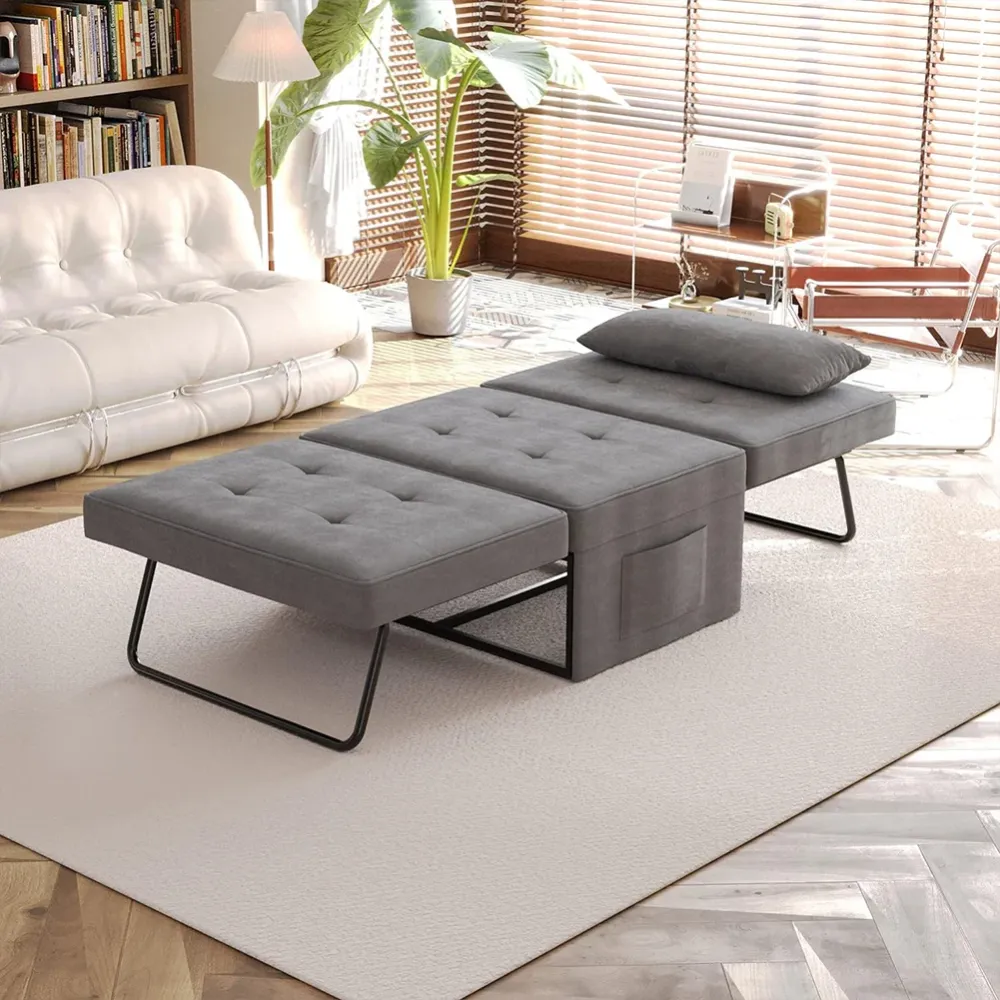Divano Letto 4 1 Poltrona Chaise Longue Ottomana Grigio Scuro Tasca Laterale
