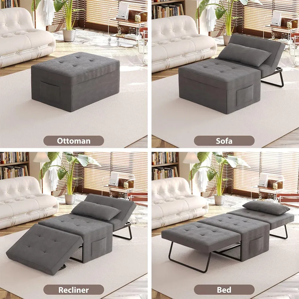Divano Letto 4 1 Poltrona Chaise Longue Ottomana Grigio Scuro Tasca Laterale