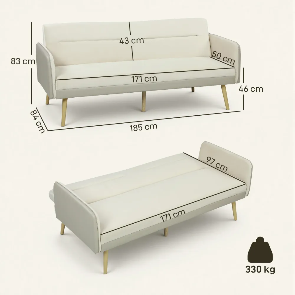Divano Letto 3 Posti 185x84x83 cm con Schienale Reclinabile e Rivestimento Effetto Velluto Beige