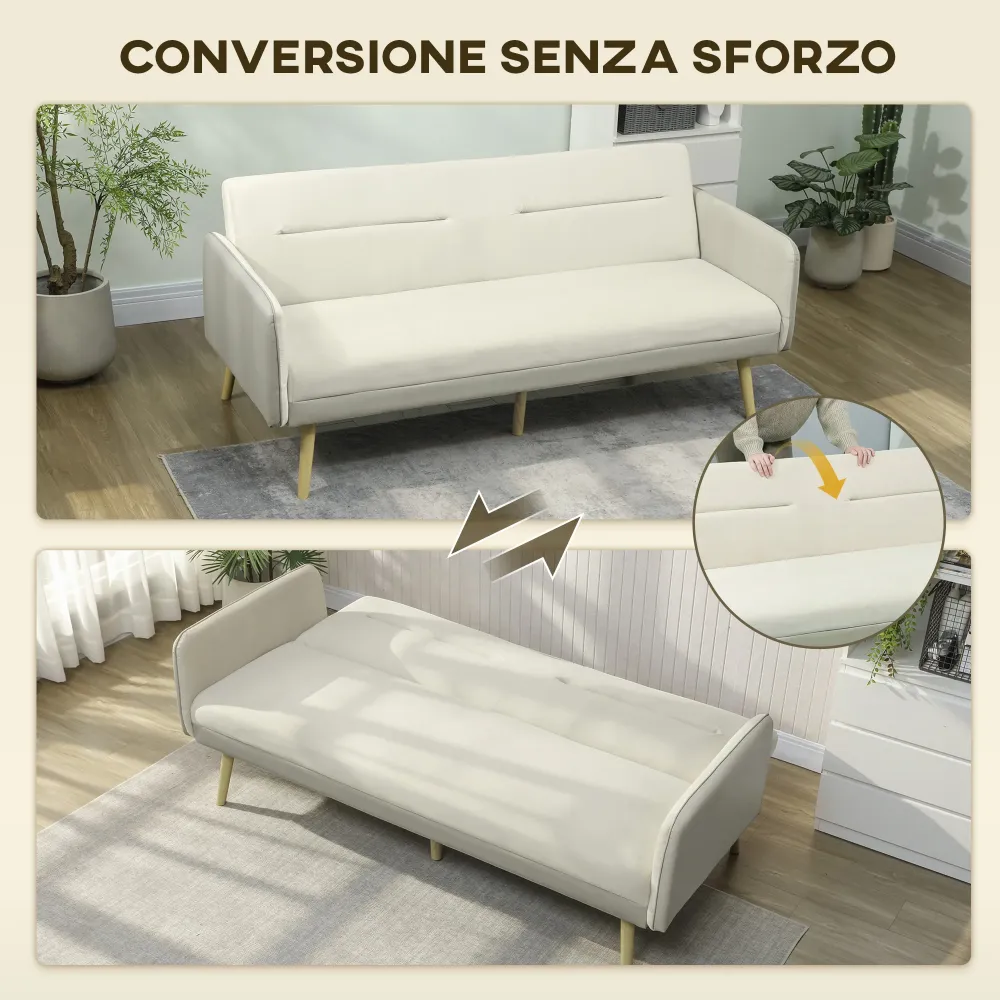 Divano Letto 3 Posti 185x84x83 cm con Schienale Reclinabile e Rivestimento Effetto Velluto Beige