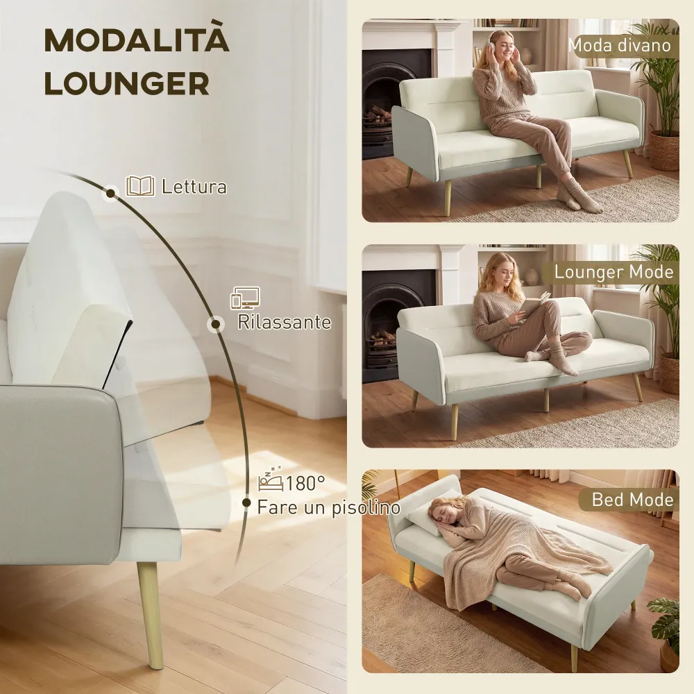 Divano Letto 3 Posti 185x84x83 cm con Schienale Reclinabile e Rivestimento Effetto Velluto Beige