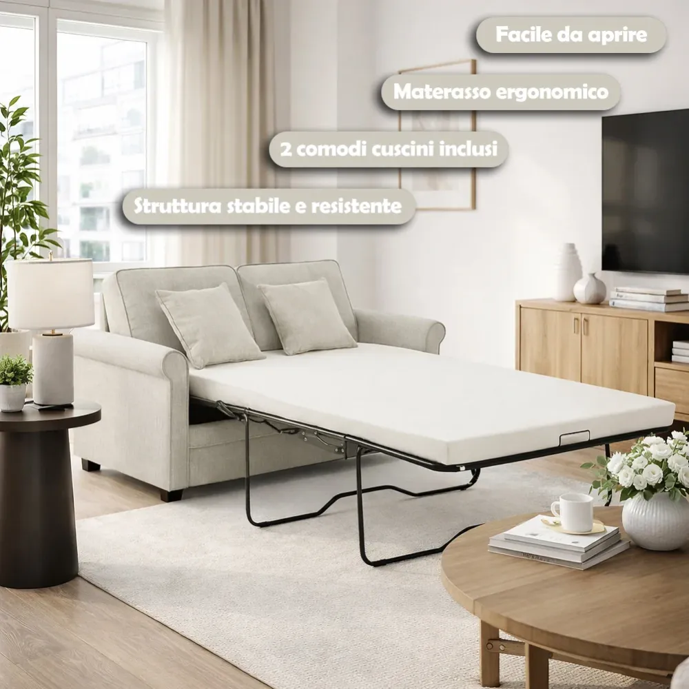 Divano Letto 2 Posti Beige con Cuscino Memory Ergonomico con Apertura Facile