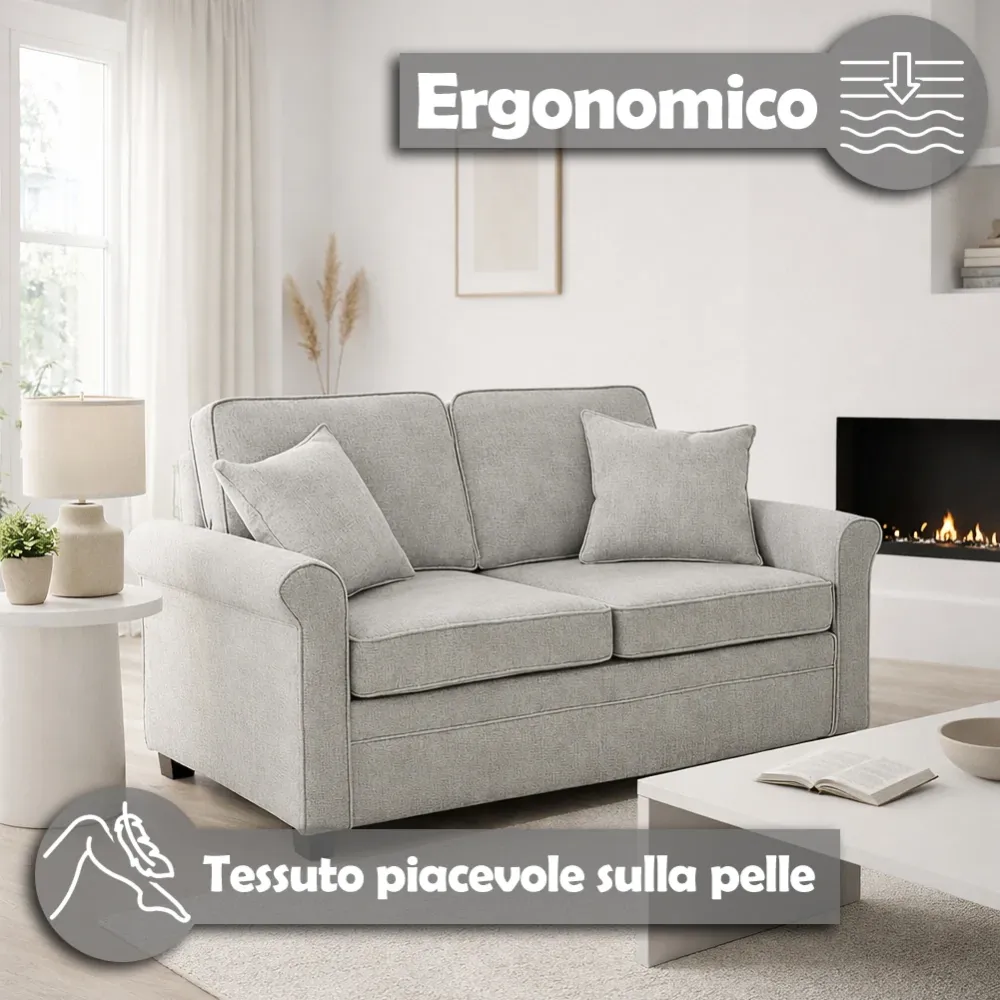 Divano Letto 2 Posti Grigio con Cuscino Memory Ergonomico con Apertura Facile