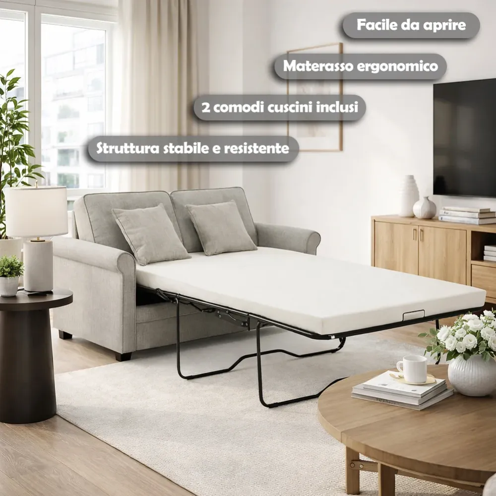 Divano Letto 2 Posti Grigio con Cuscino Memory Ergonomico con Apertura Facile