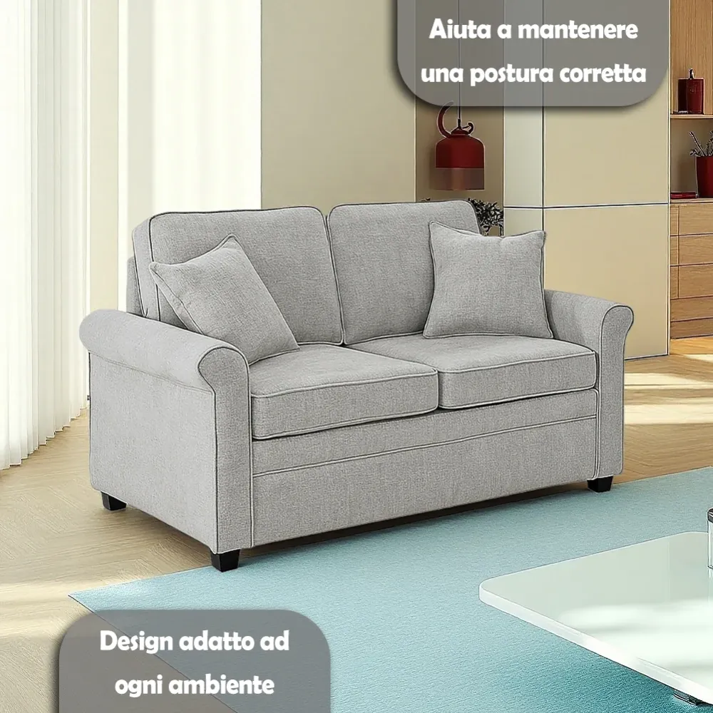 Divano Letto 2 Posti Grigio con Cuscino Memory Ergonomico con Apertura Facile