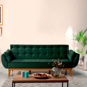 Divano letto 3 posti schienale reclinabile tessuto verde base legno cm 217x82x80h