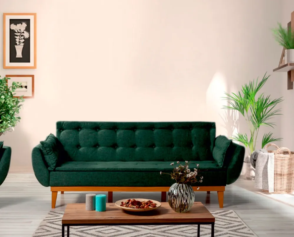 Divano letto 3 posti schienale reclinabile tessuto verde base legno cm 217x82x80h