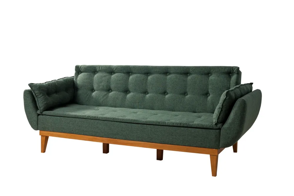Divano letto 3 posti schienale reclinabile tessuto verde base legno cm 217x82x80h