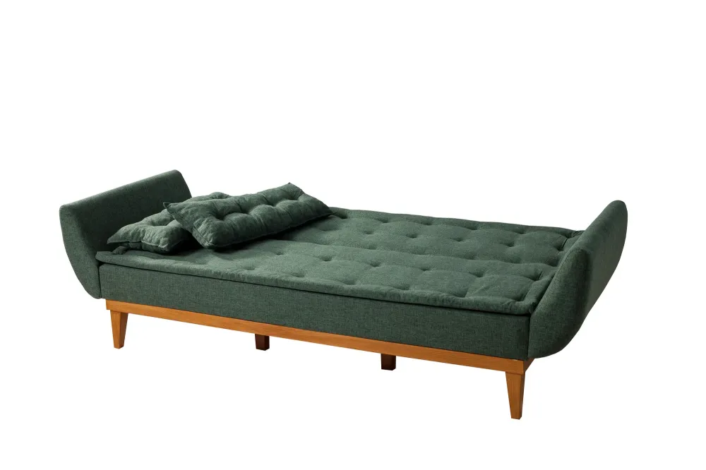 Divano letto 3 posti schienale reclinabile tessuto verde base legno cm 217x82x80h