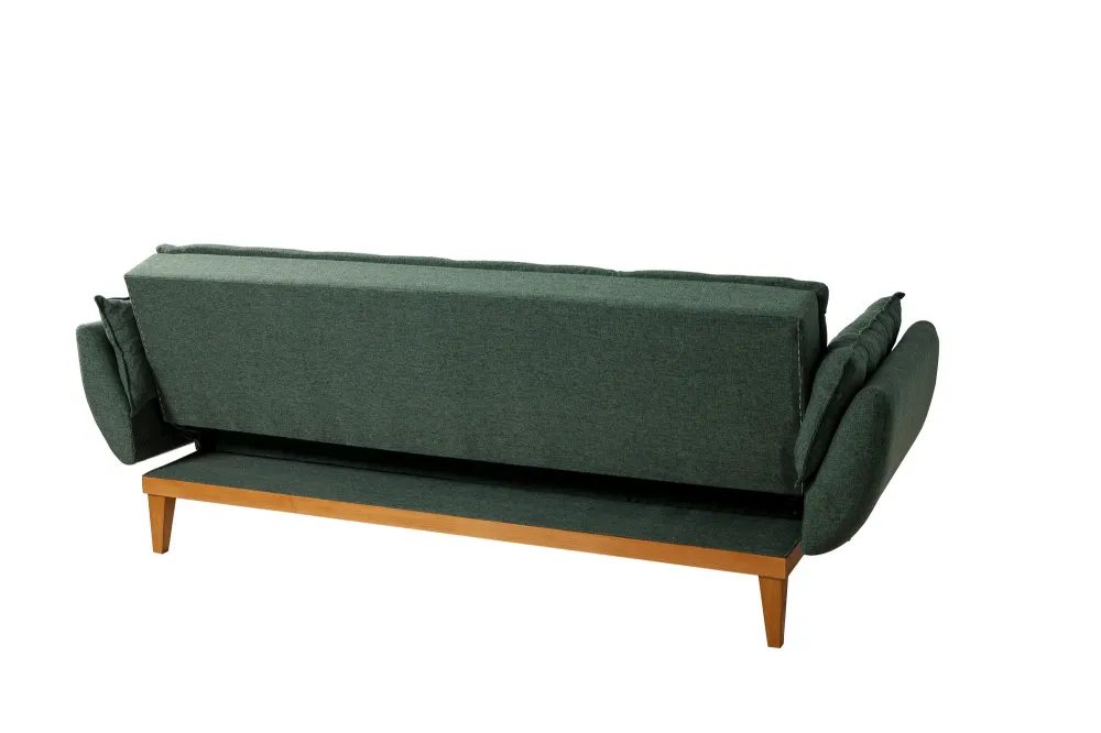 Divano letto 3 posti schienale reclinabile tessuto verde base legno cm 217x82x80h