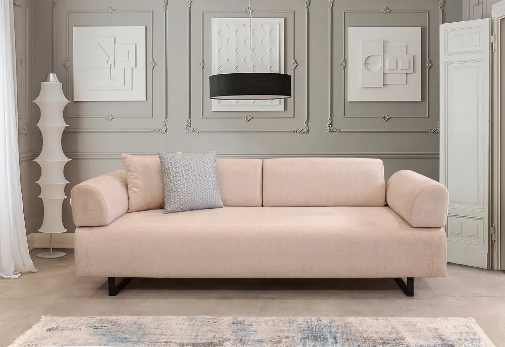 Divano letto 3 posti tessuto beige schienali e braccioli removibili cm 220x90x80h